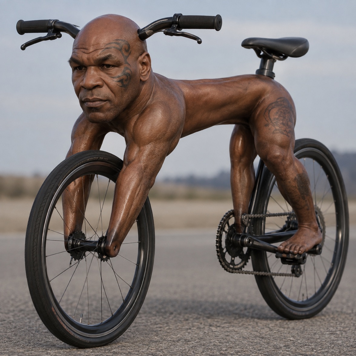 BIKE TYSON, a heavyweight fused with a road bike, staring you down on an empty highway